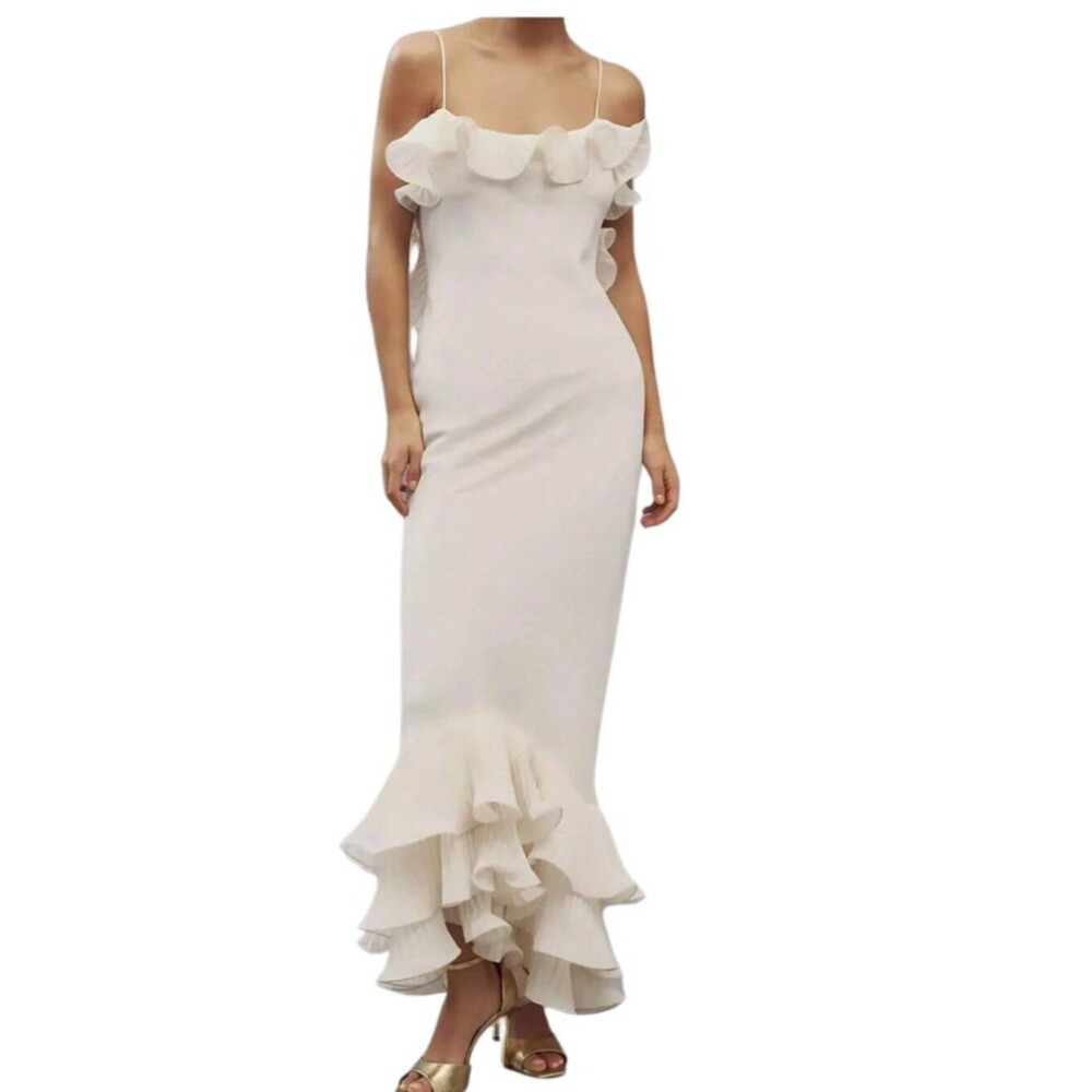 Cream Ruffle Trim Backless Mermaid Maxi Dress Boho Beach Vacation Party Sz M - Picture 5 of 10